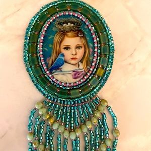 Hand beaded Painted Lady cabachon and beaded chain